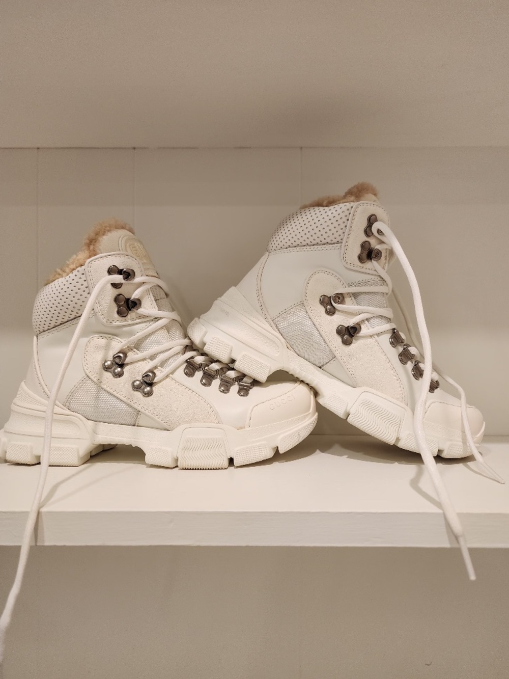 Gucci x SEGA Flashtrek White Leather Ankle Boots with Shearling Lining